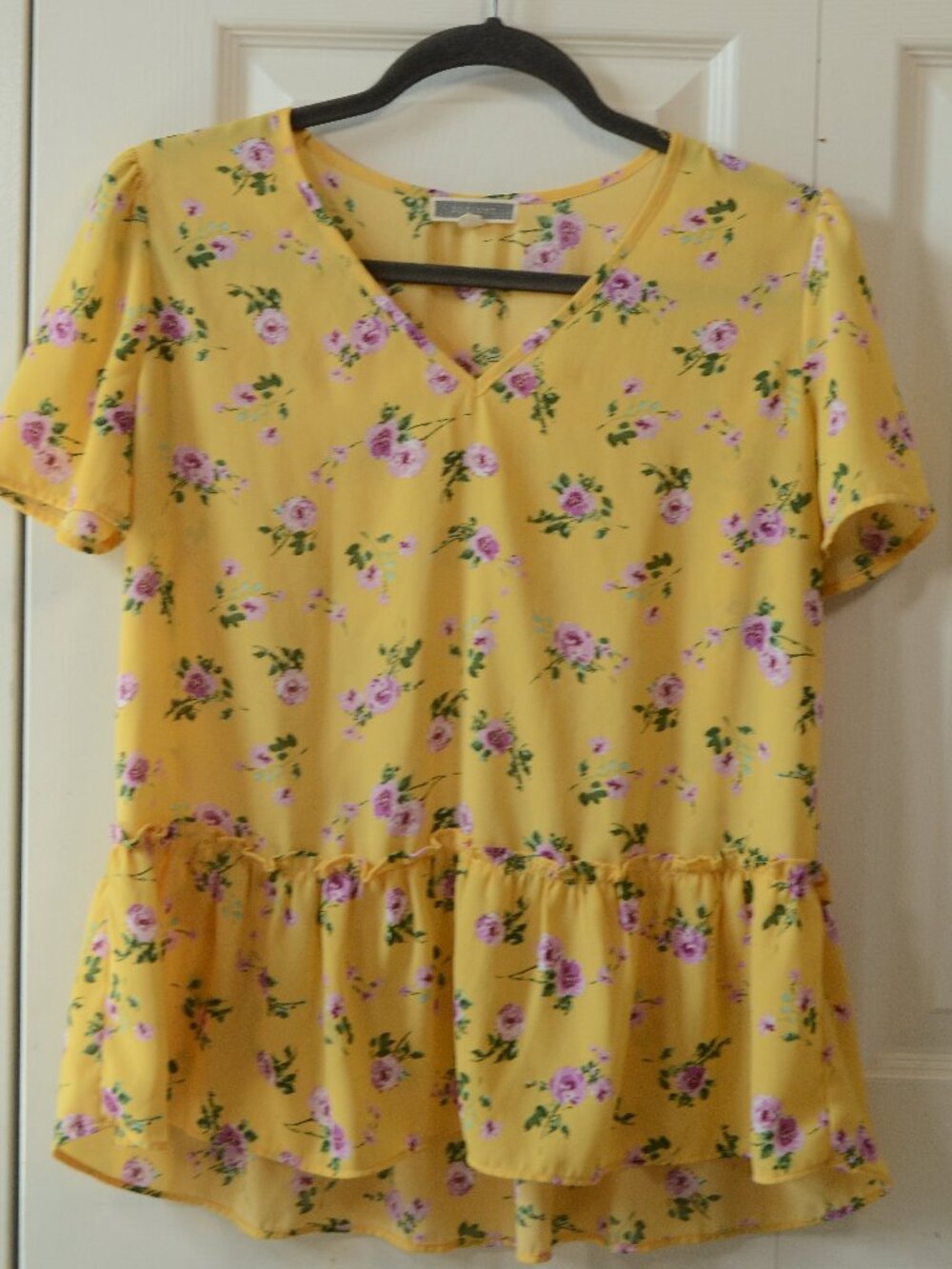 Pleione Yellow Floral Peplum Blouse Cottagecore Romantic Ruffle Top Small